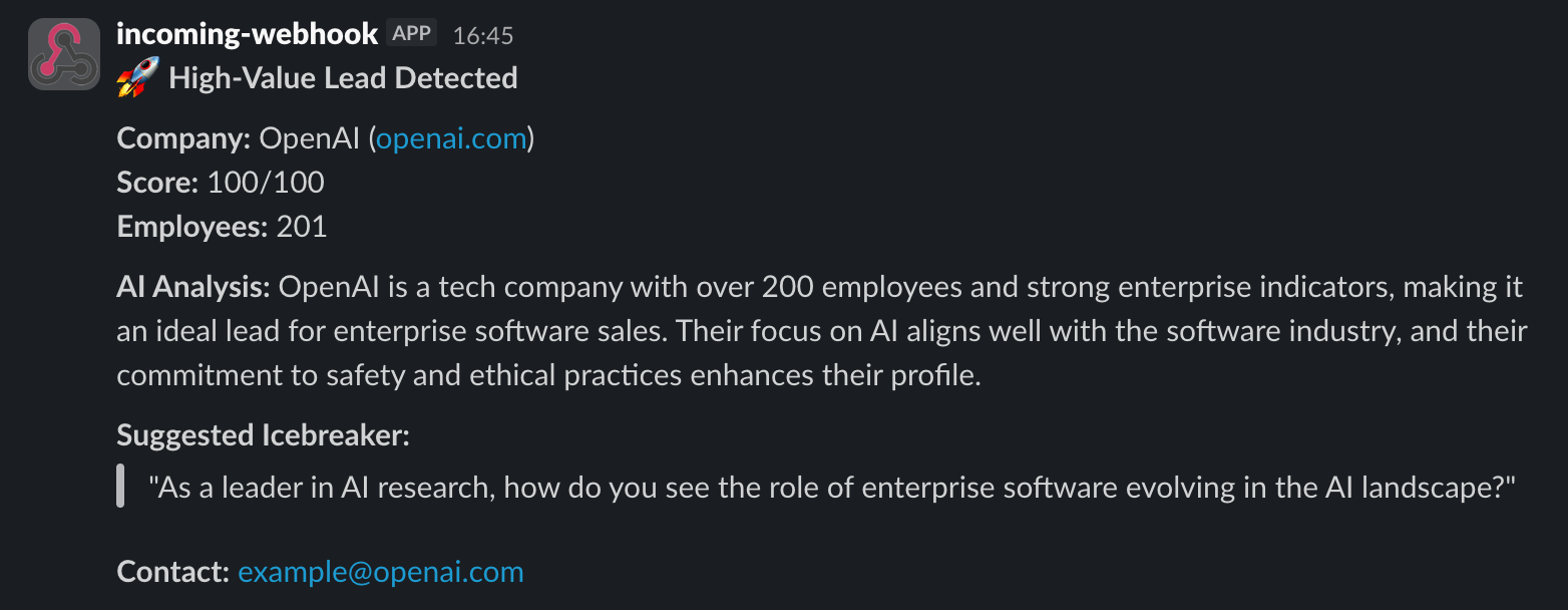 A high-value lead alert as it appears in Slack
